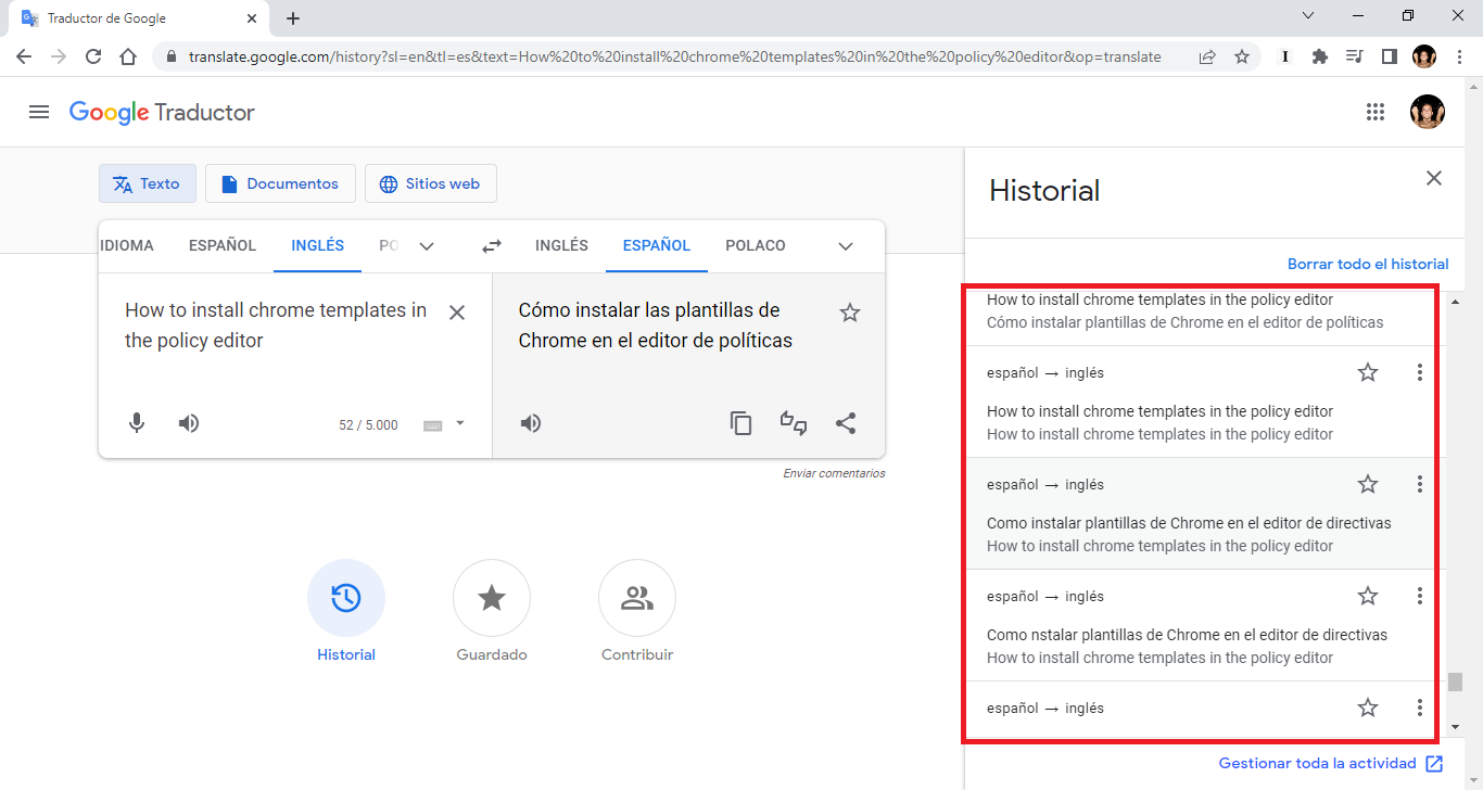 como ver el historial de traducciones de google translate