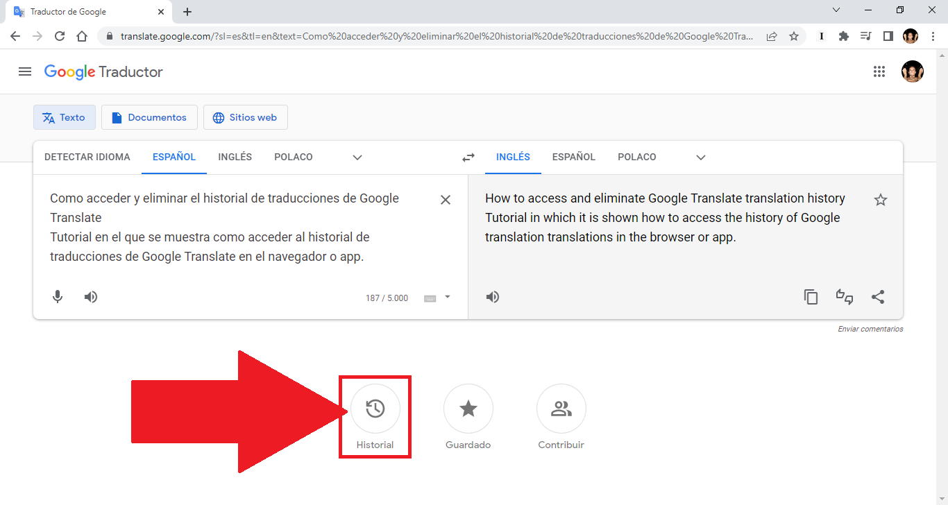 como ver el historial de traducciones de google translate