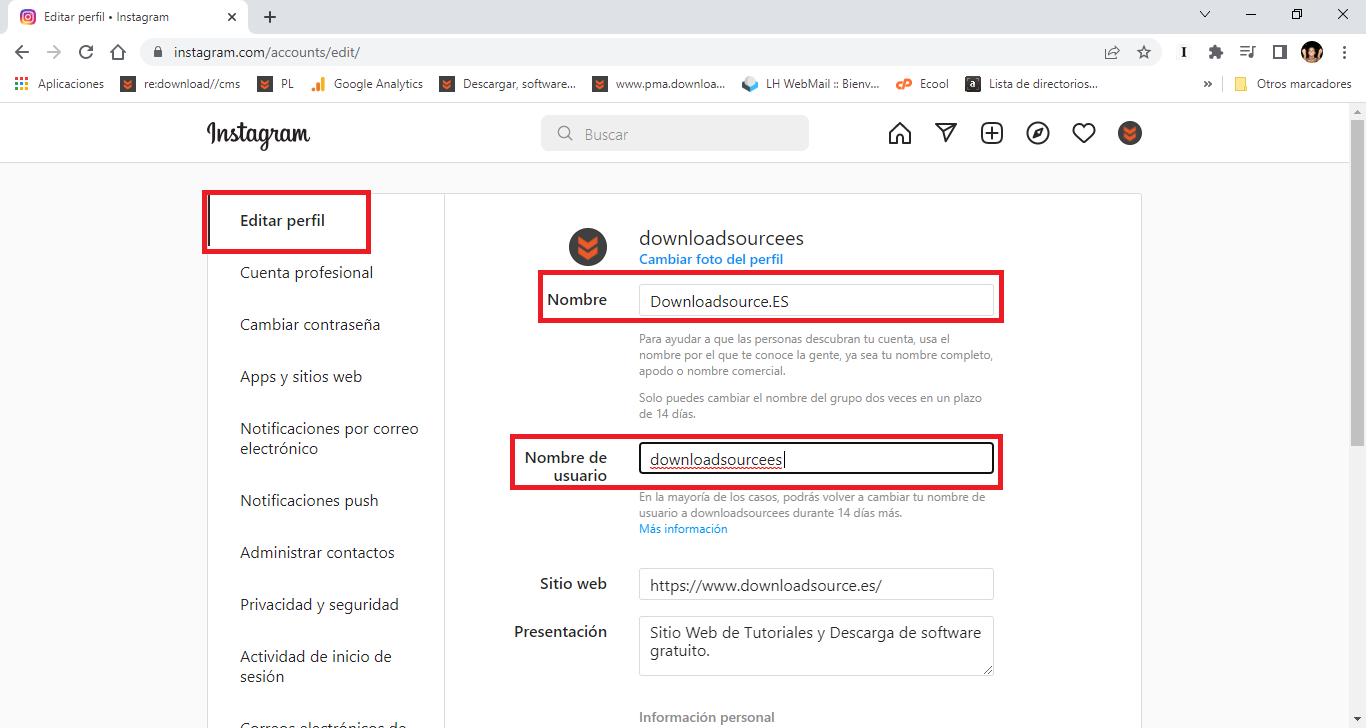 modificar el nombre de usuario de Instagram