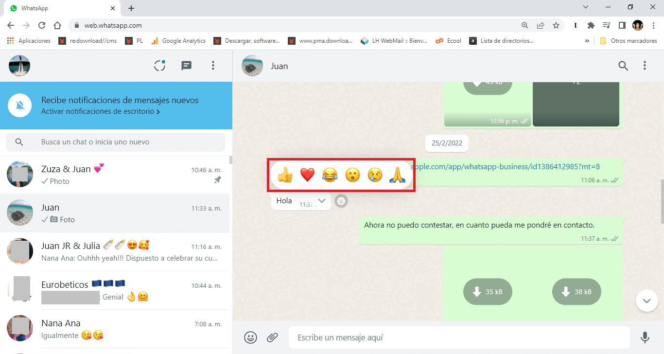 como activar y usar las reacciones de whatsapp en web