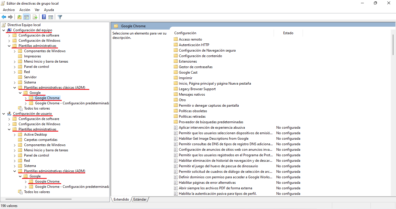 editor de directivas de grupo local de windows con las plantillas administrativas de Google Chrome
