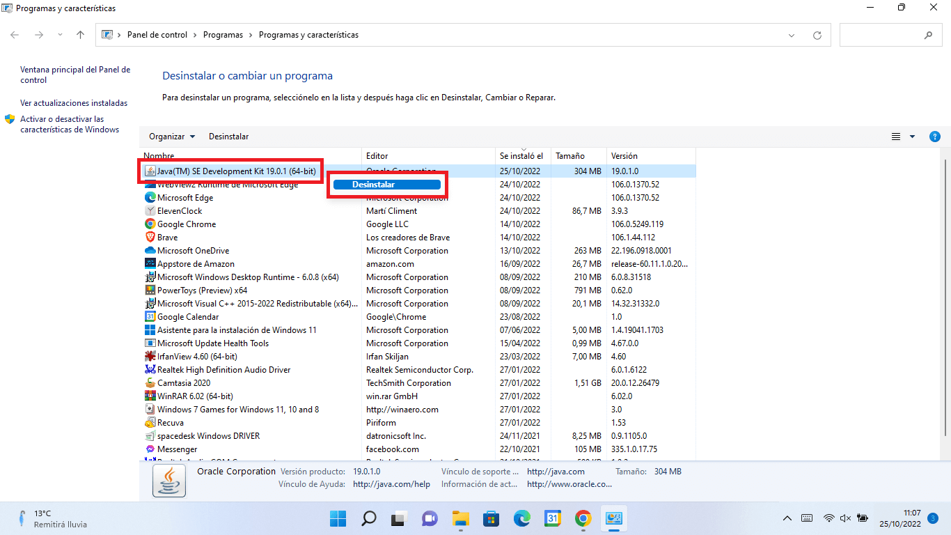 desinstalar Java de tu ordenador con Windows 11
