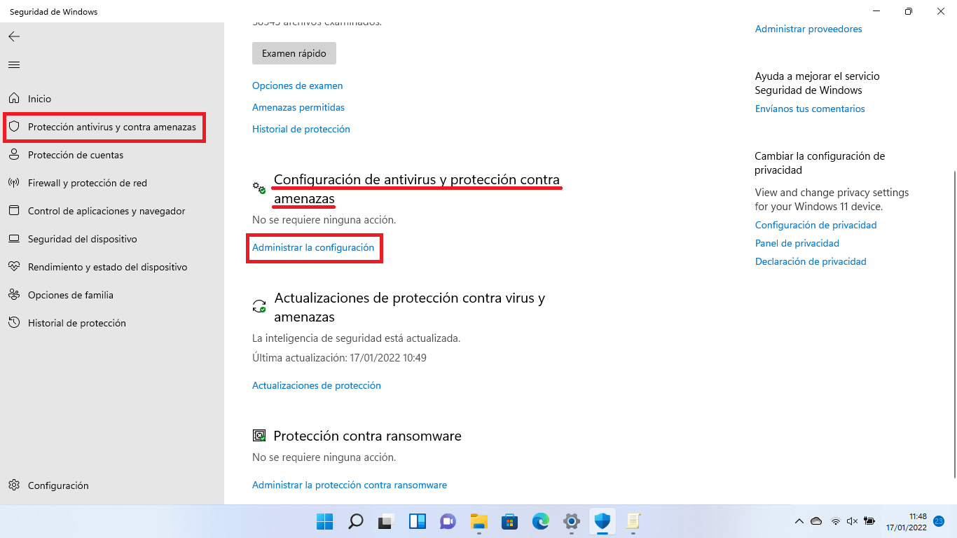 desactivar la protección en tiempo real de Microsoft defender de Windows 11