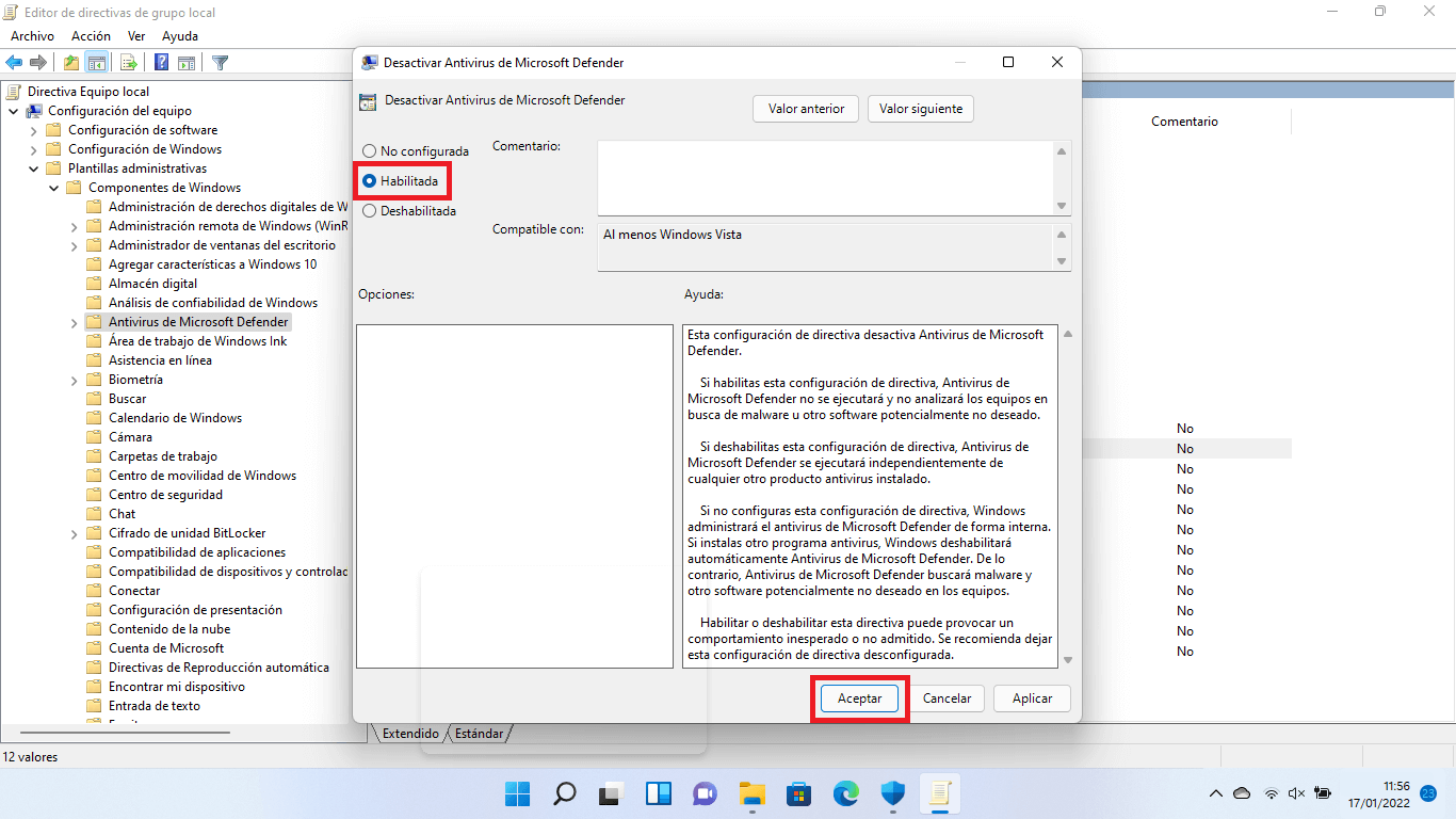 desactivar por completo el antivirus Microsoft Defender en Windows 11