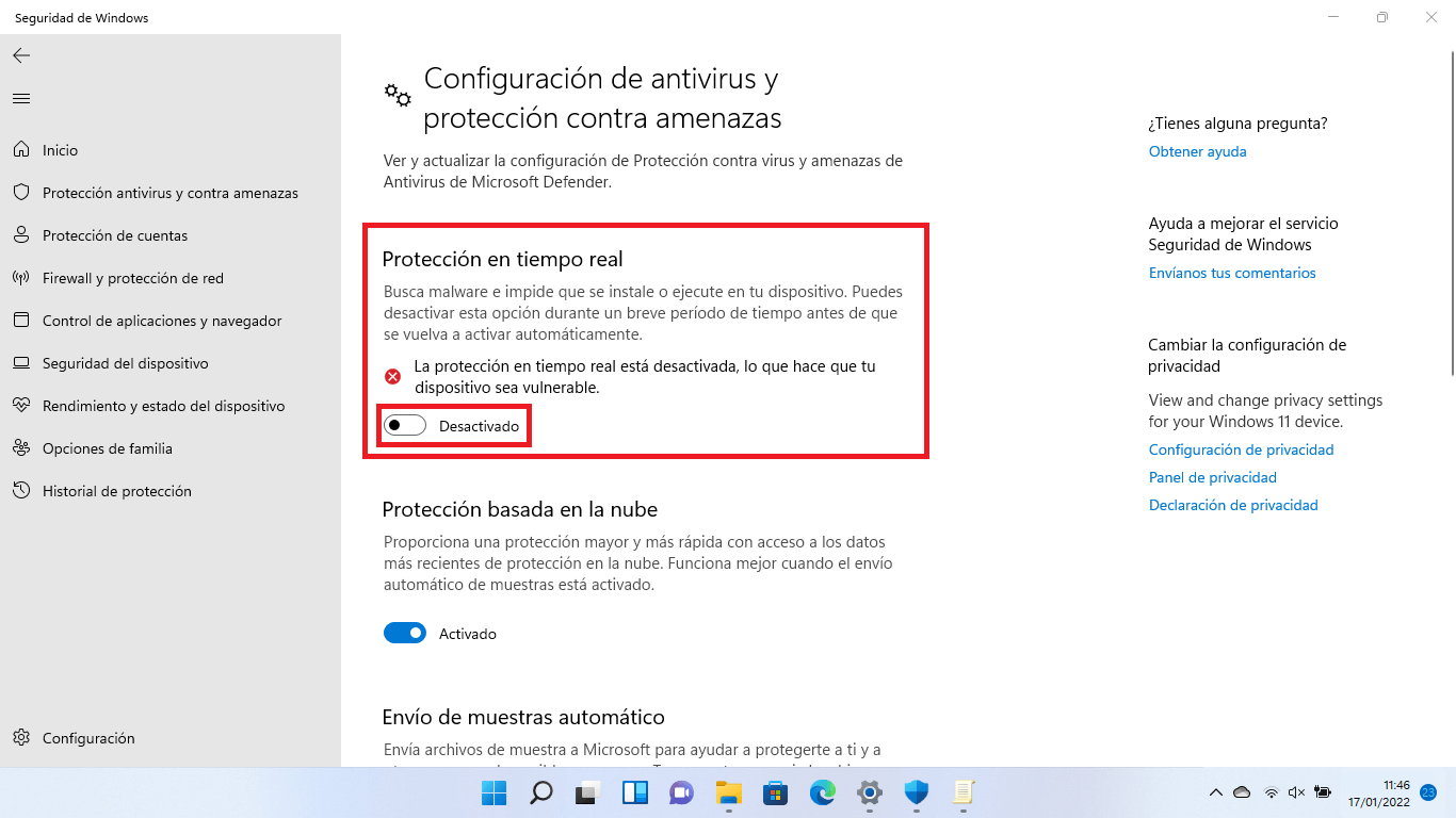 desactivar la protección en tiempo real de Windows defender de Windows 11