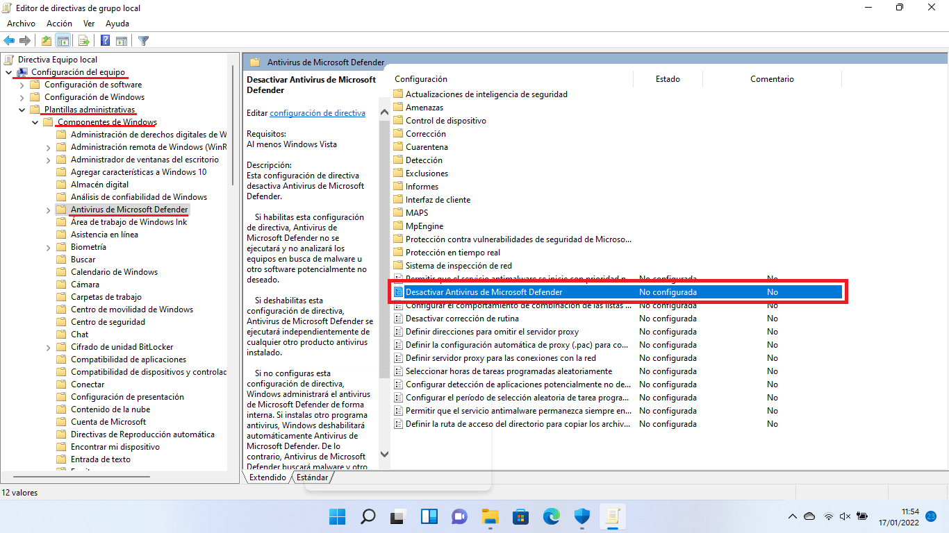 desactivar por completo Windows Defender en Windows 11