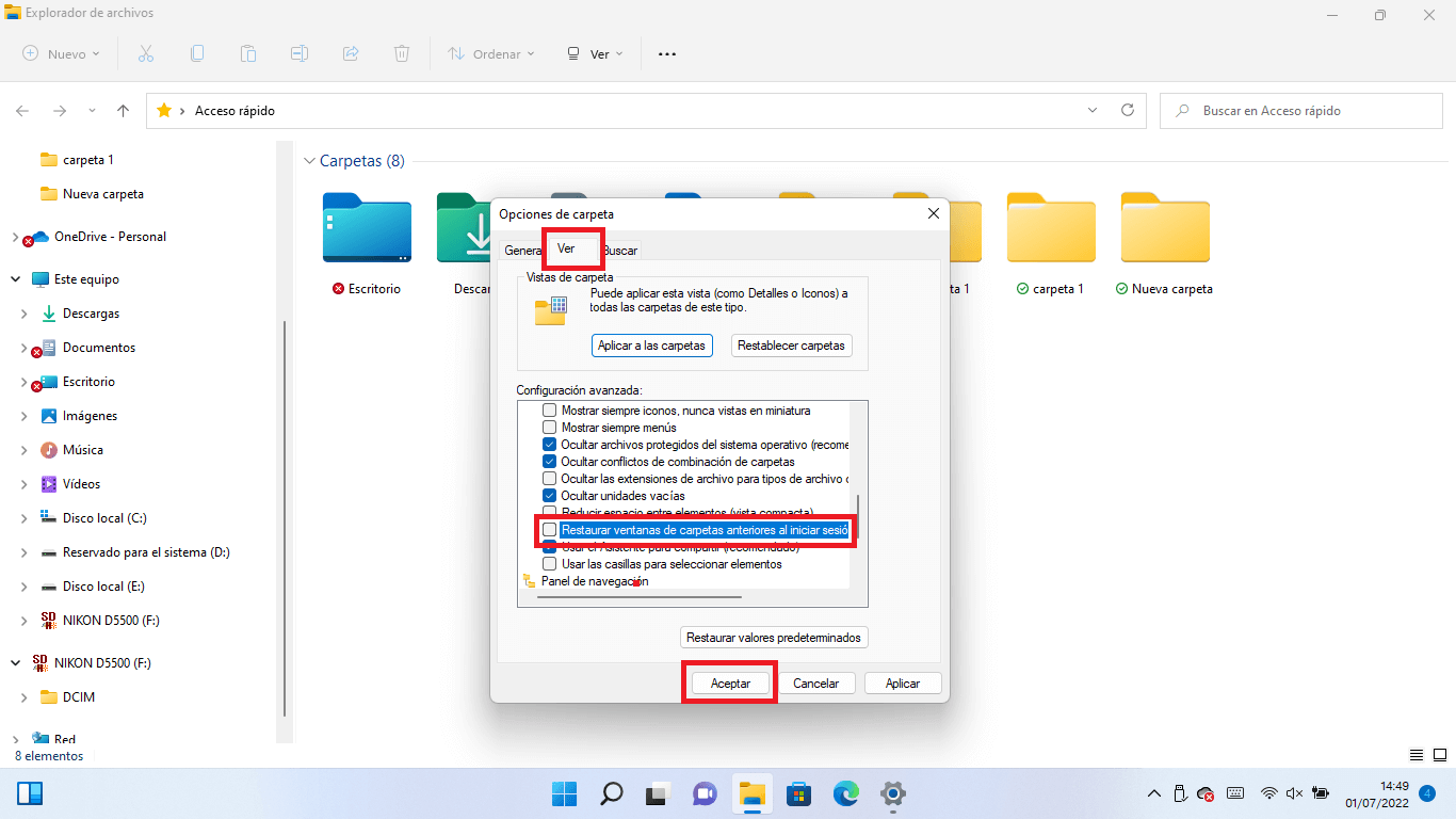 como evitar que las carpetas abiertas durante el reinicio de tu ordenador con Windows 11 se reabran automáticamente.