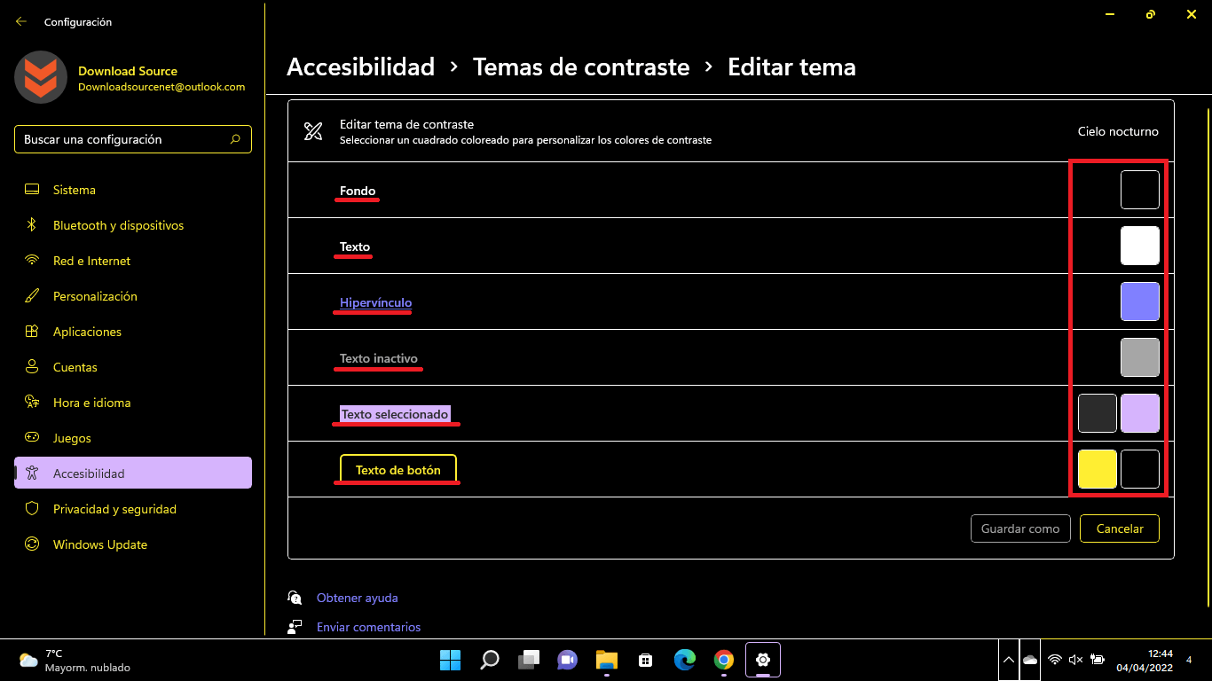 temas de contraste activados en windows 11