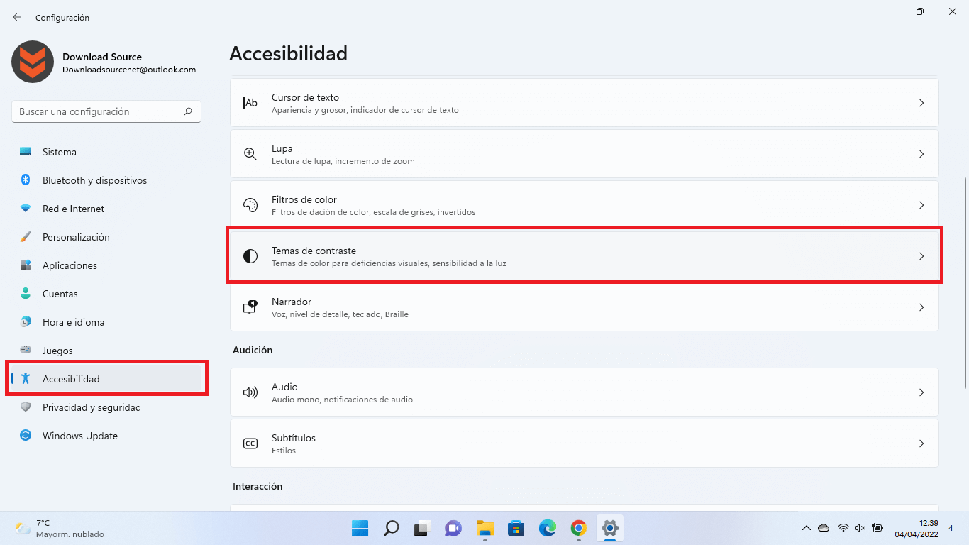 como activar los temas de contraste de Windows 11