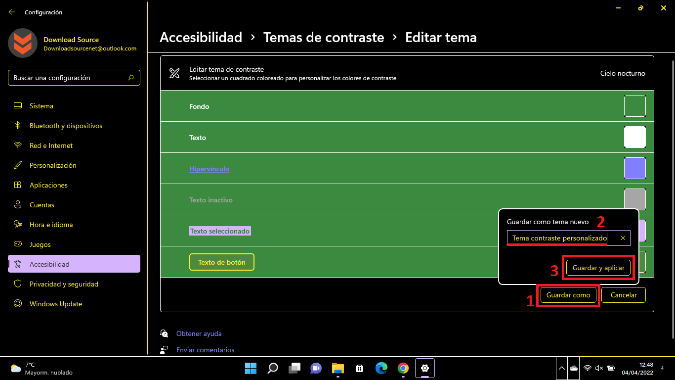 windows permite personalizar los temas de contraste