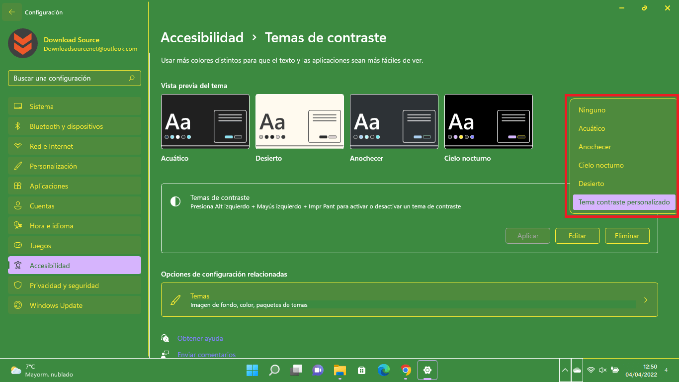 como editar los temas de contraste en windows 11