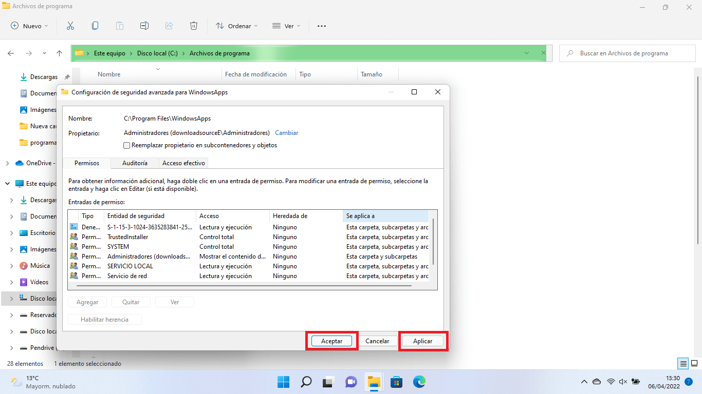 solucionar acceso denegado de apertura de la app WindowsApps de windows 11