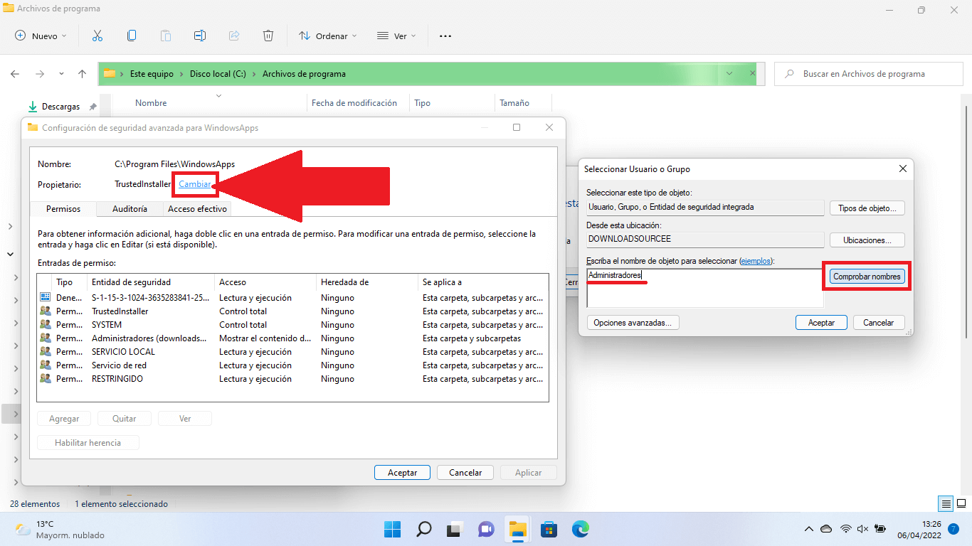 dar permisos de acceso a la carpeta windowsapps de windows 11