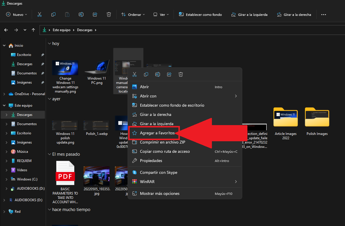 como añadir archivos y carpetas a favoritos en windows 11