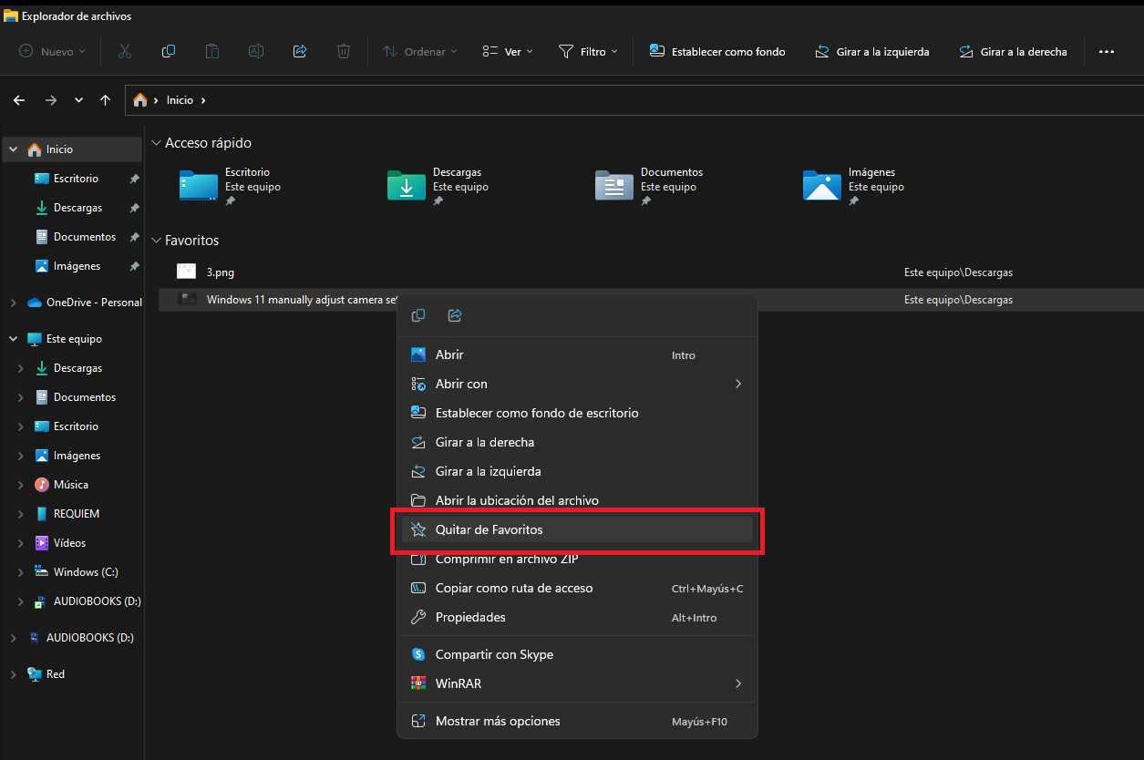 como desactivar la función agregar a favoritos en el explorador de archivos de windows 11