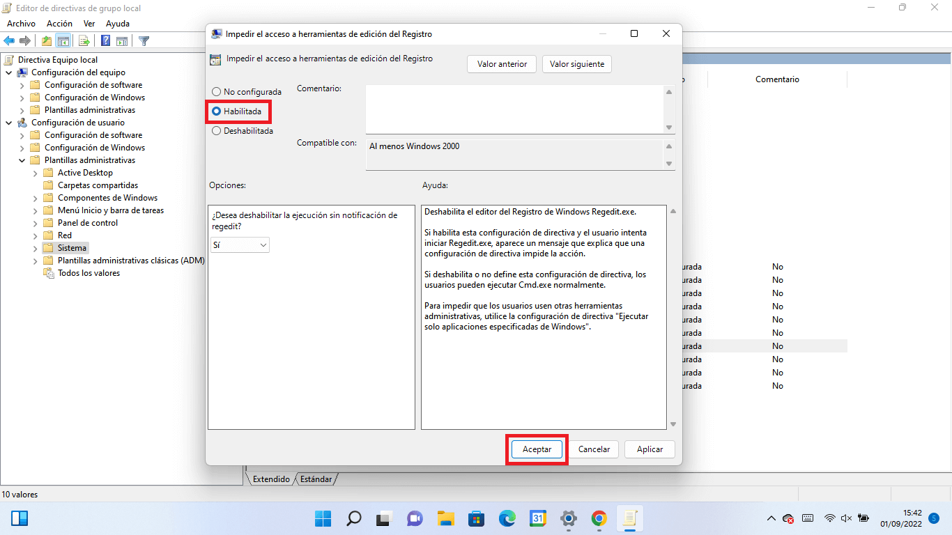 impedir acceso al editor de registro de windows