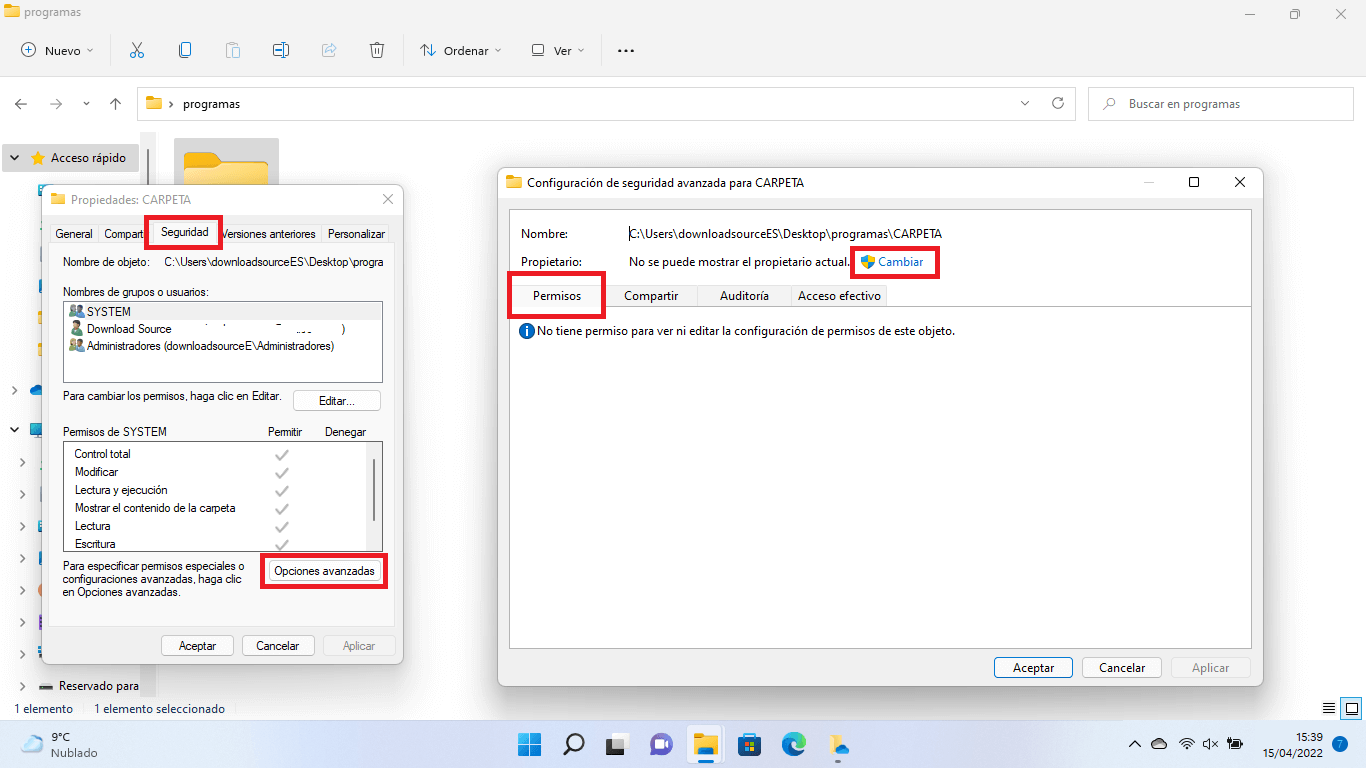 cambiar el acceso a una carpeta de windows 11