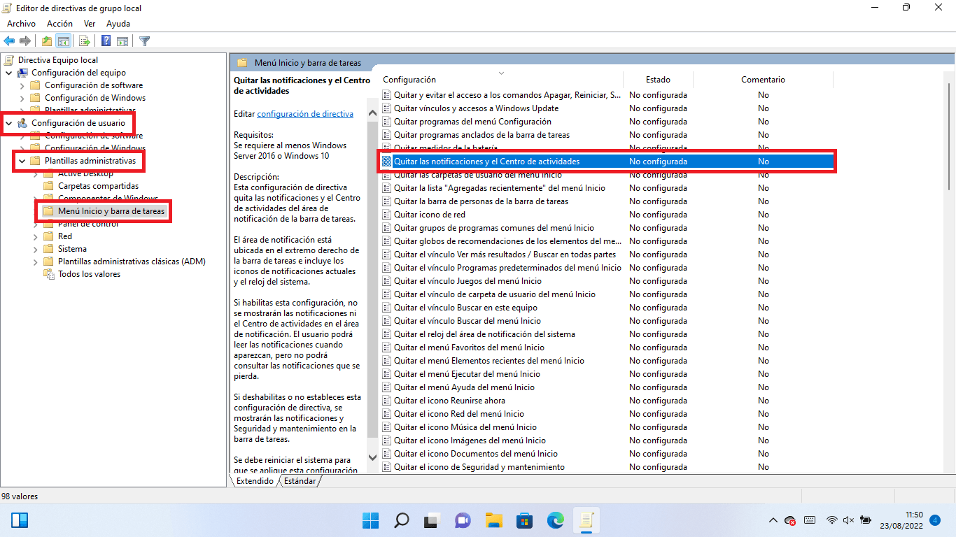 como desactivar el centro de notificaciones de Windows 11