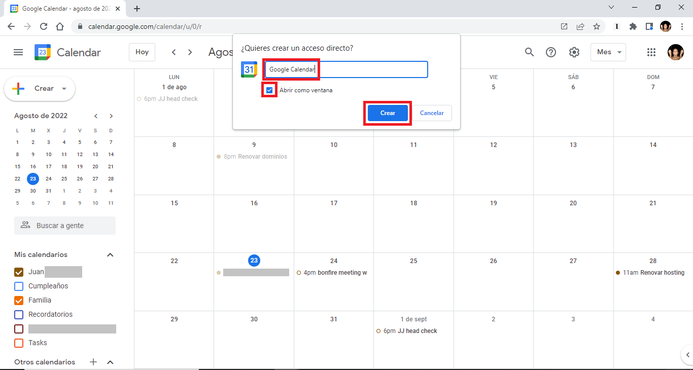 como poner google calendar en la barra de tareas de windows 11