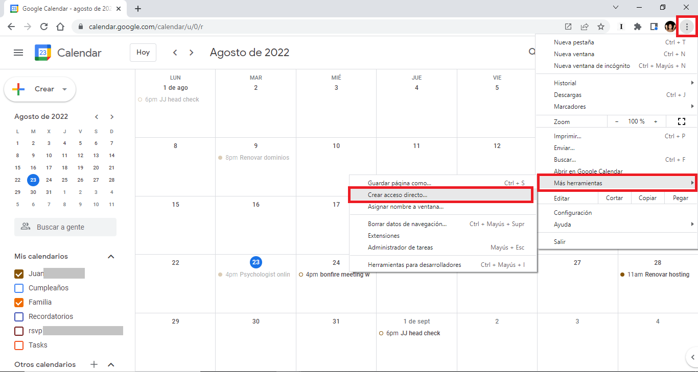 crear un acceso directo de google calendar en windows 11