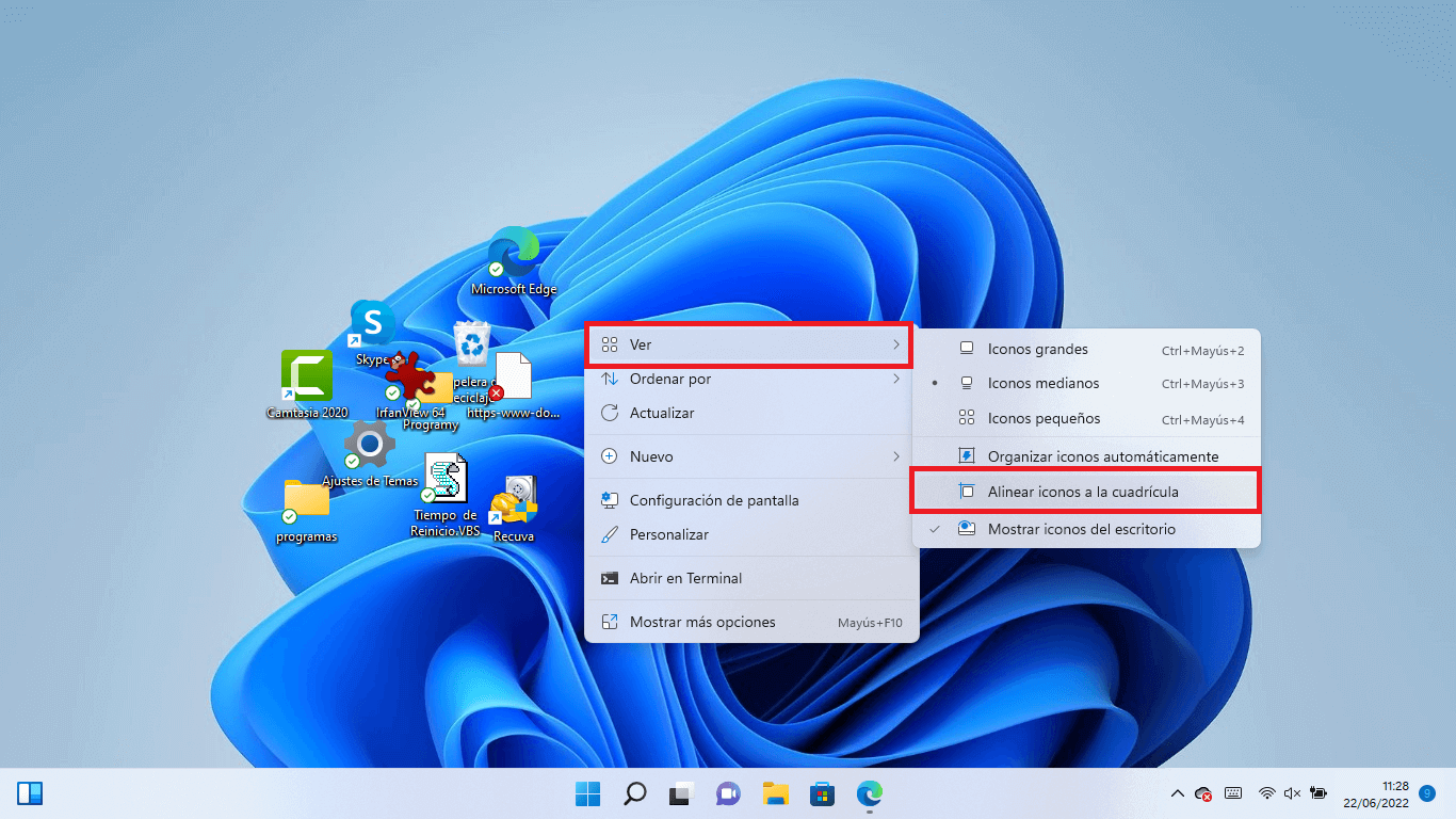 como desactivar o activar la libre colocación de icono en el escritorio de windows 11