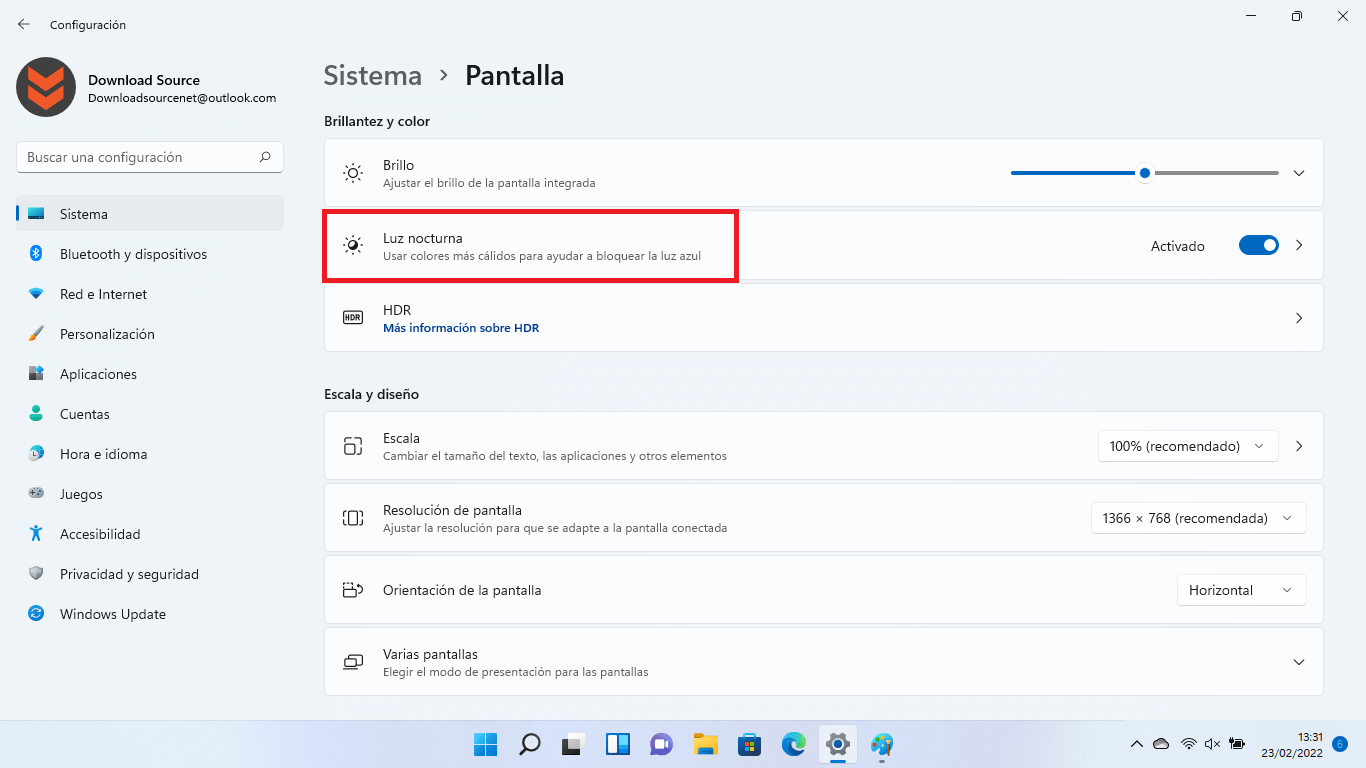 configurar luz nocturna en windows 11