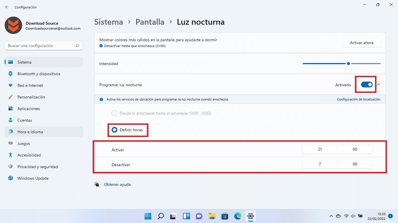 windows 11 como activar la luz nocturna