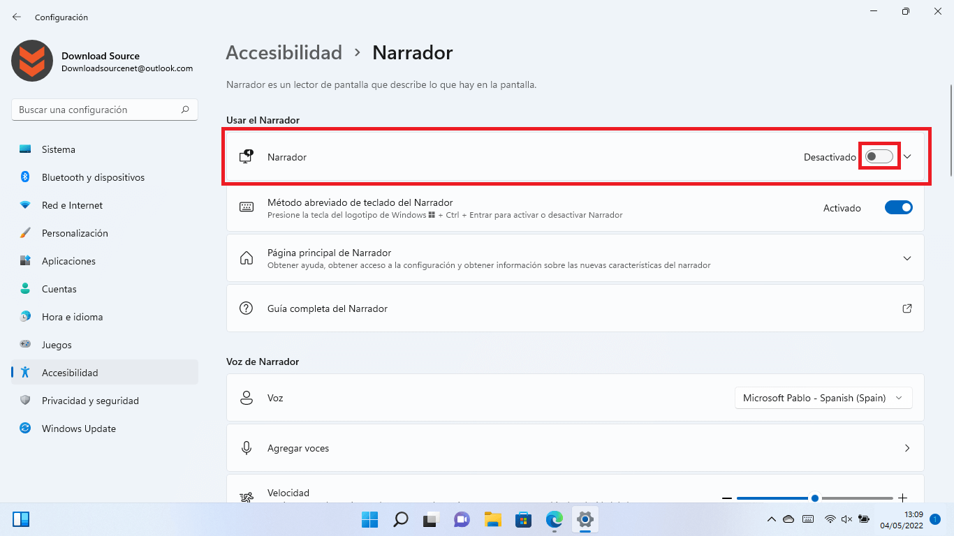 activar el narrador de windows 11