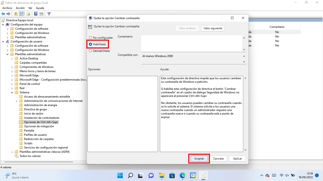 impedir cambiar la contraseña a un usuario de windows 11