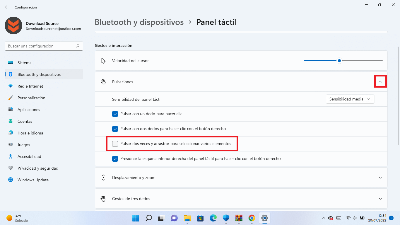 como activar Pulsar dos veces y arrastrar para seleccionar varios elementos. en windows 11