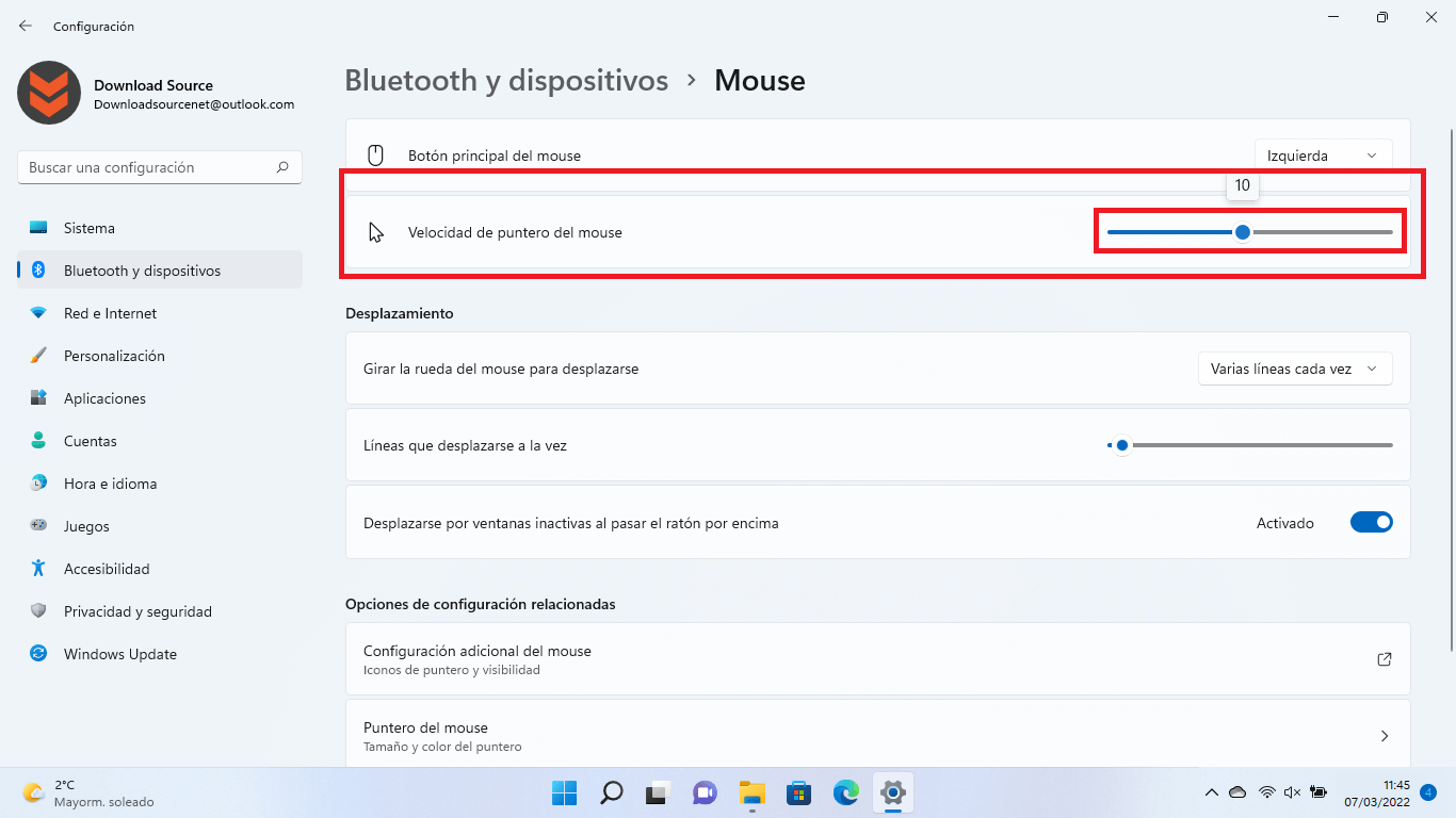 como ajustar la velocidad del ratón en windows 11