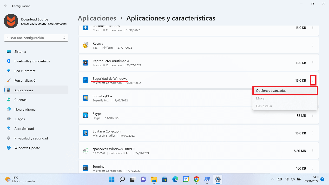 Windows 11 permite restablecer la app Seguridad de Windows
