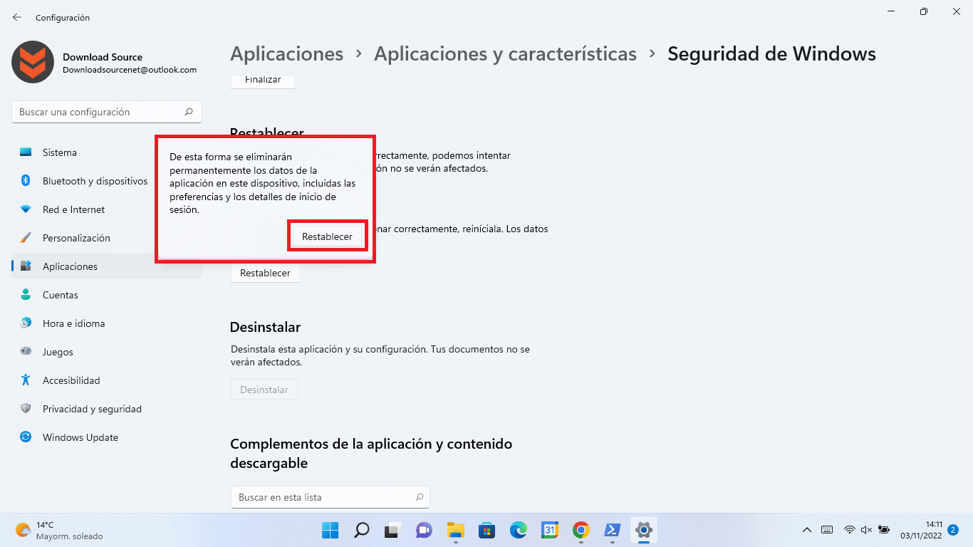 Reestablecer la app Seguridad de Windows a los valores predeterminados