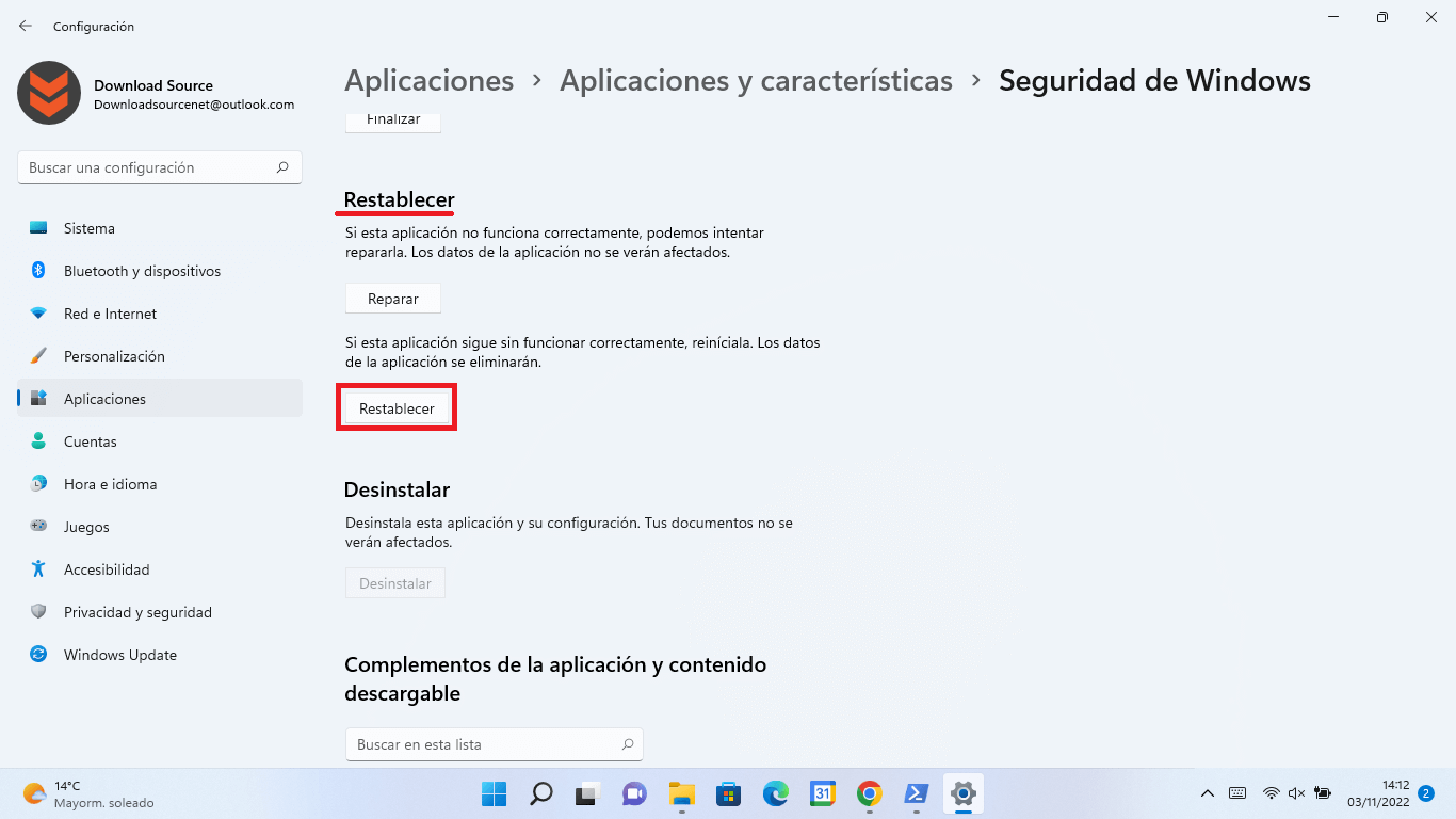 reiniciar la app Seguridad de Windows 