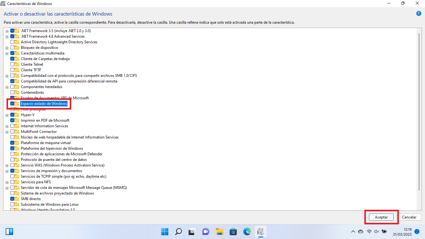 activar o desactivar espacio aislado de windows 11