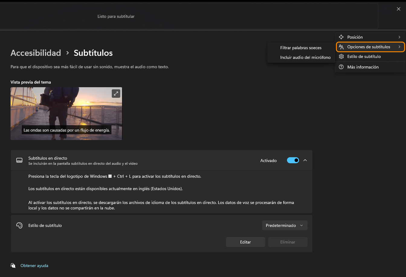 personalizar los subtitulos en directo de windows 11