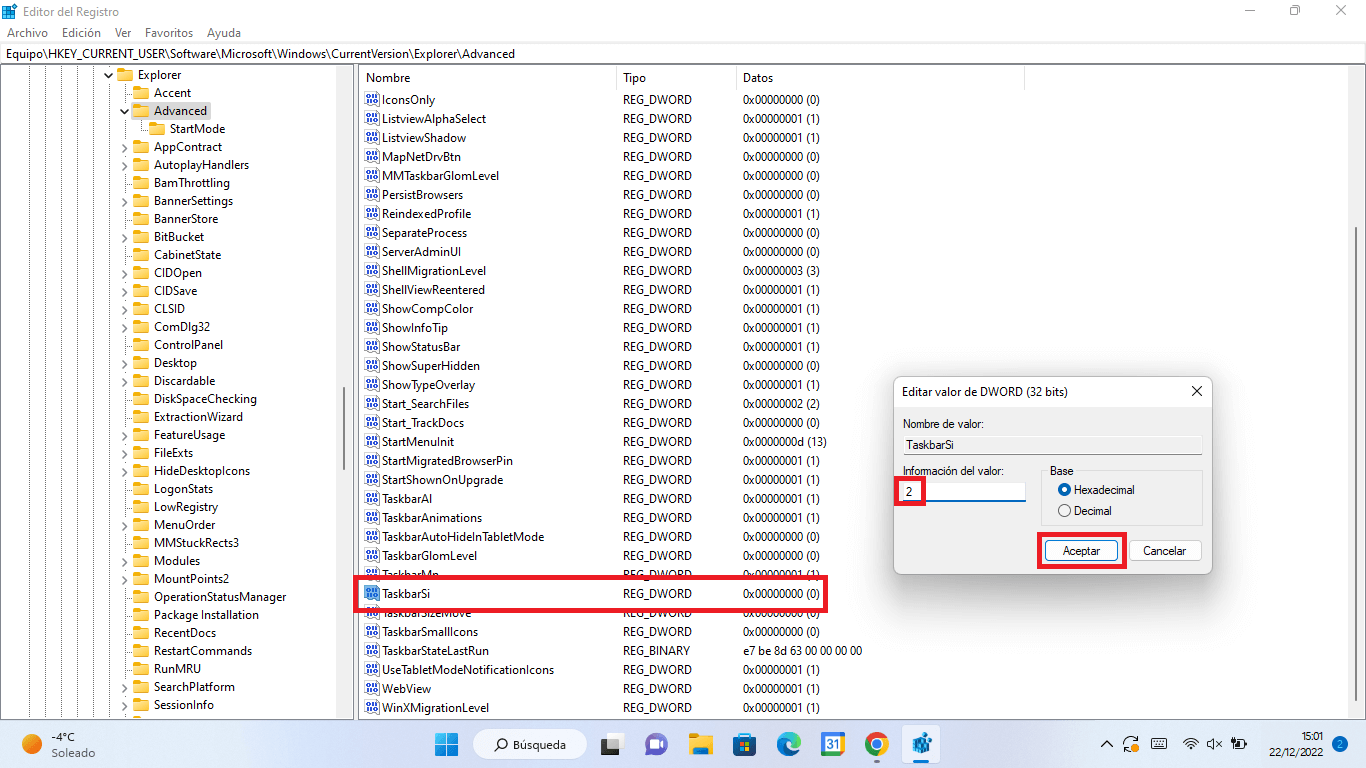 windows 11 permite cambiar el grosor de la barra de tarreas