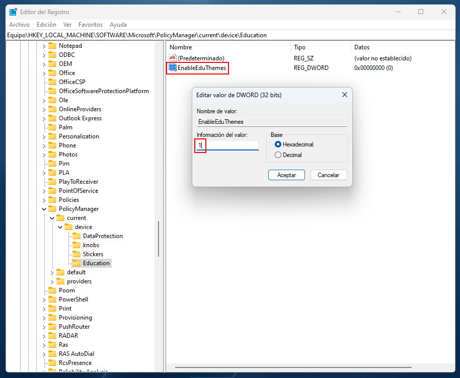 como activar los temas de la versión edutacion de windows 11