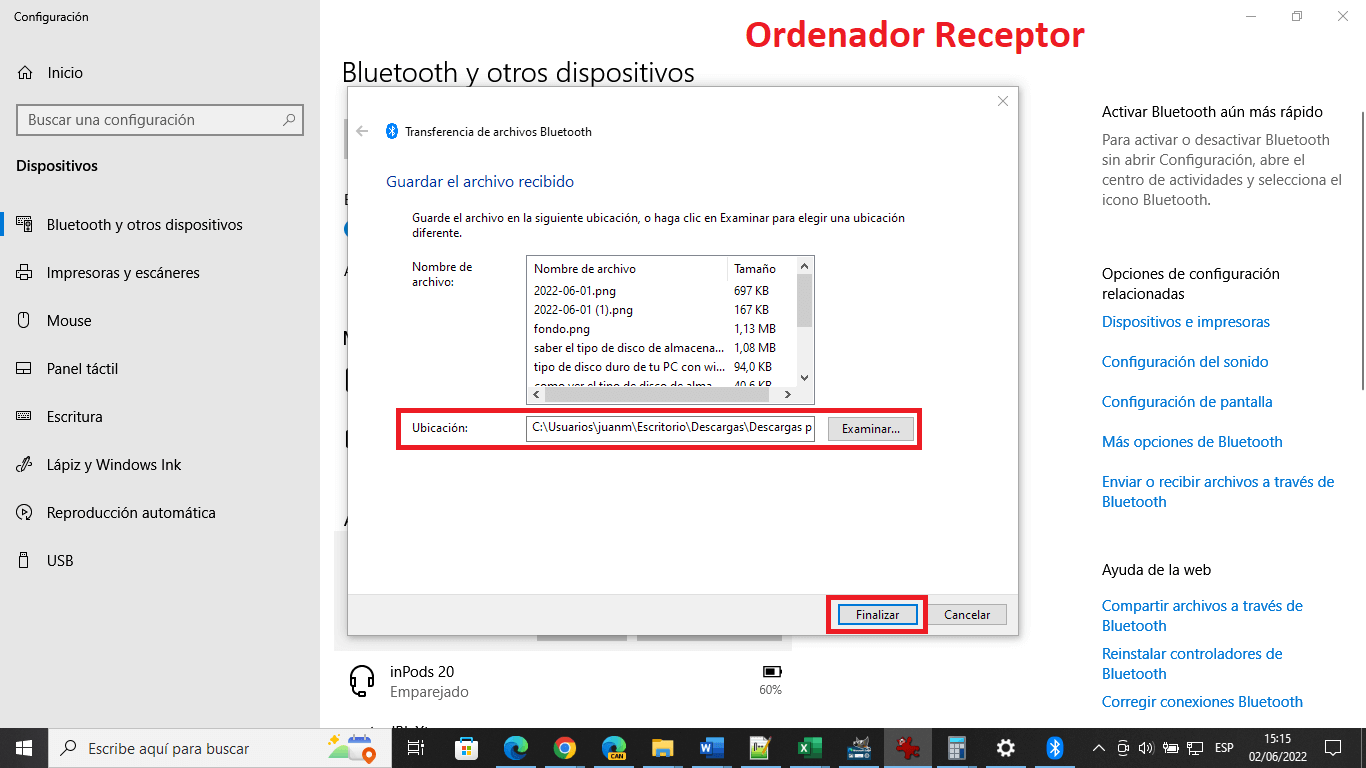 Ordenadores con windows 11 y windows 10 permite enviar y recibir archivos por bluetooth