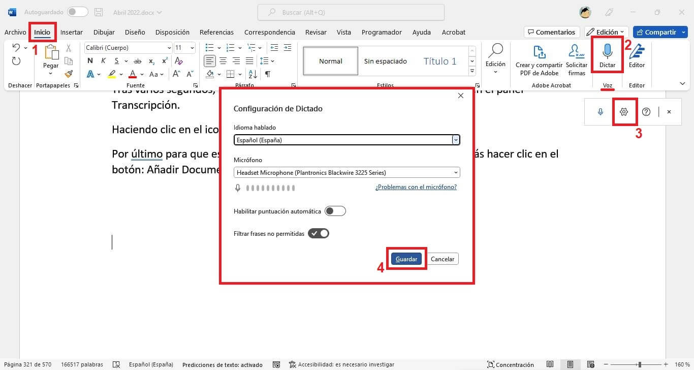 como escribir con la voz en un documento de word