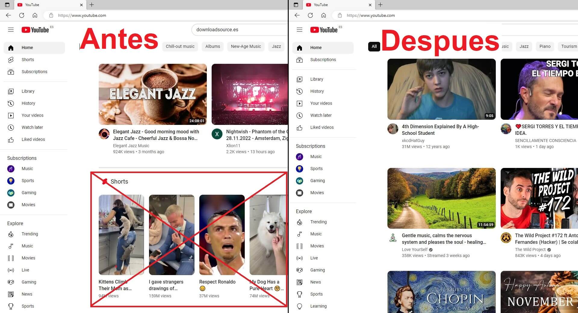 como ocultar los shorts de youtube en la versión Web