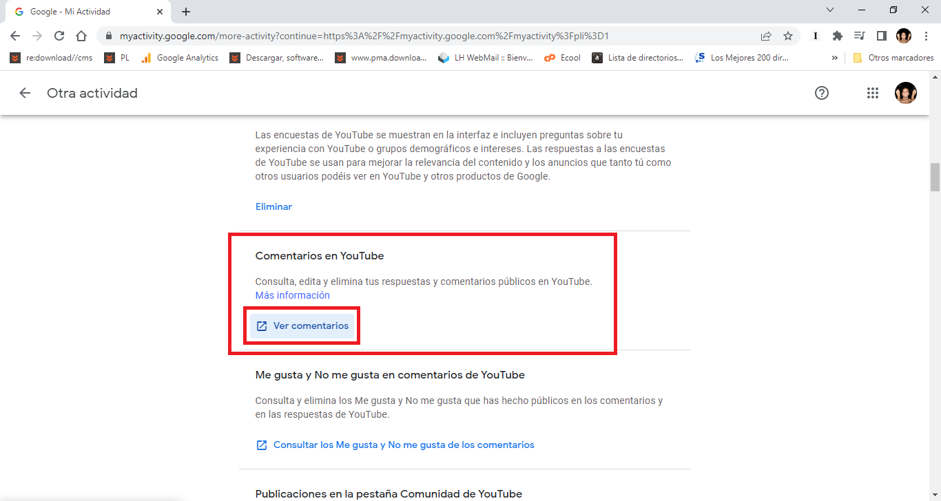 abrir el historial de comentarios de youtube