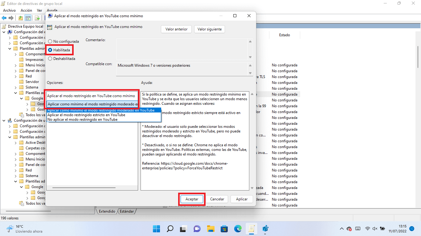 como hacer que windows fuerce el uso del modo restringido en Youtube
