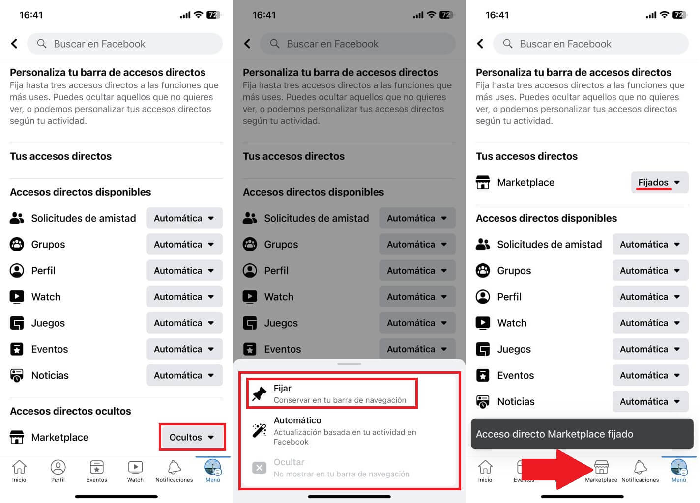 ocultar los accesos directos de facebook