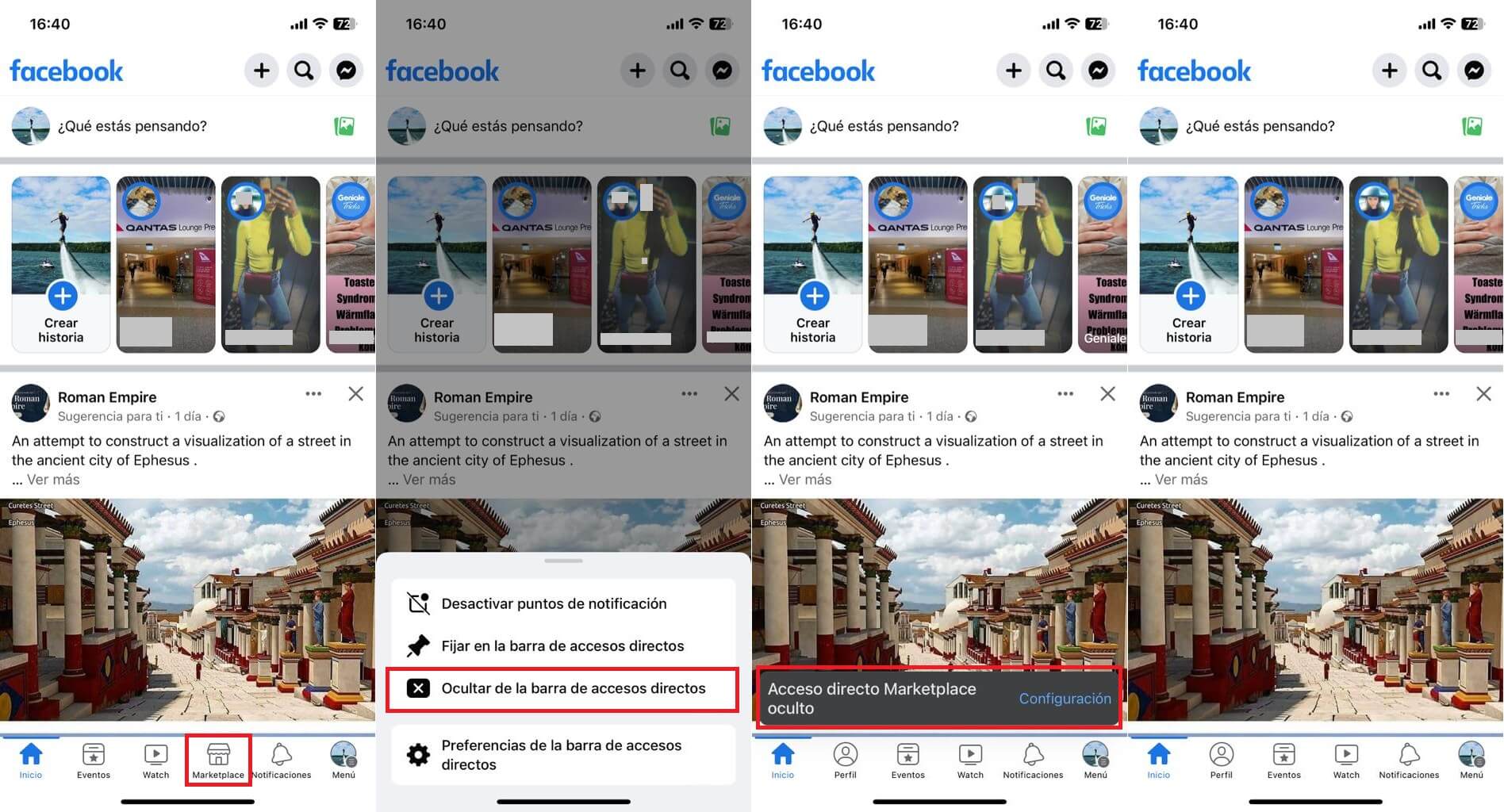 como deshabilitar accesos directos de facebook