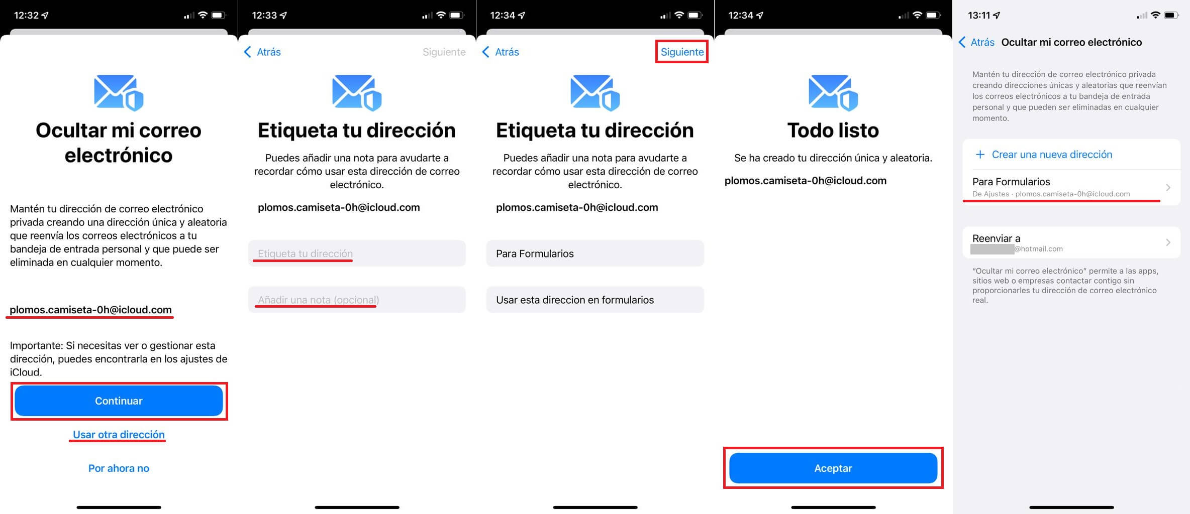 privacidad ocultando direccion de correo electrónico en iPhone