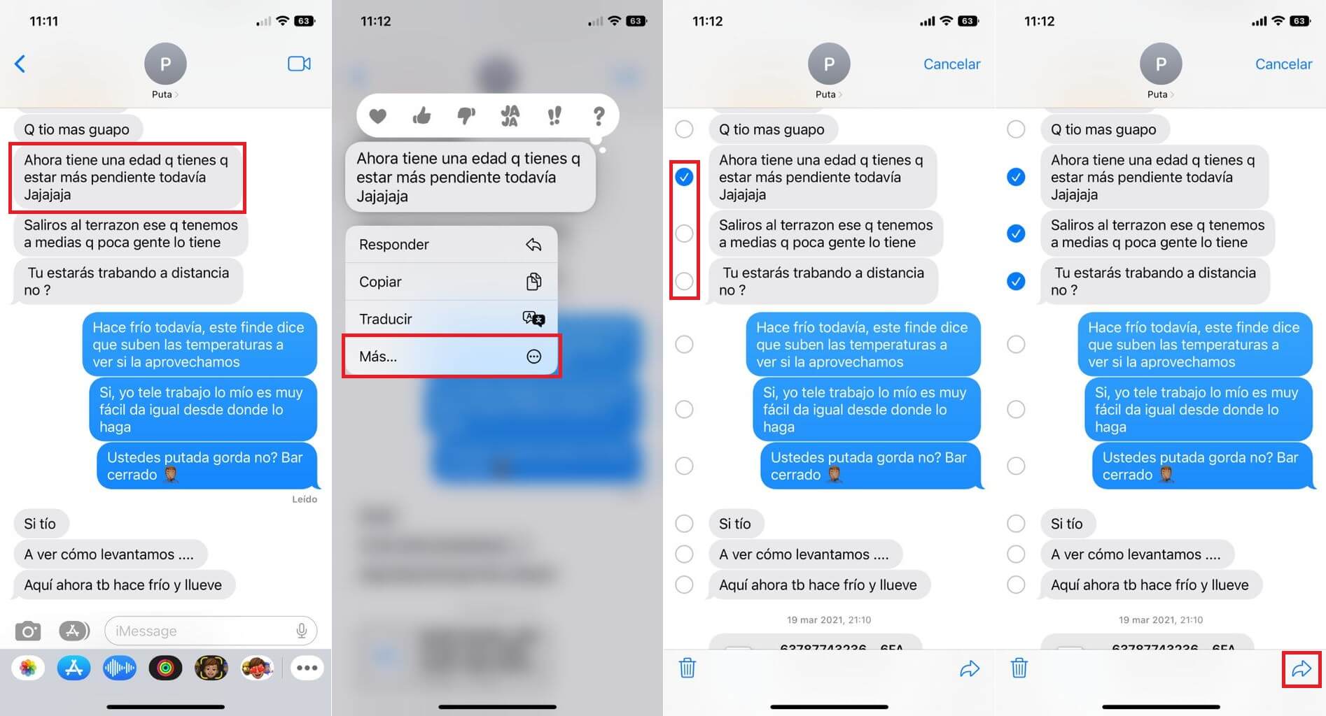como reenviar mensajes en la app predeterminada de iPhone