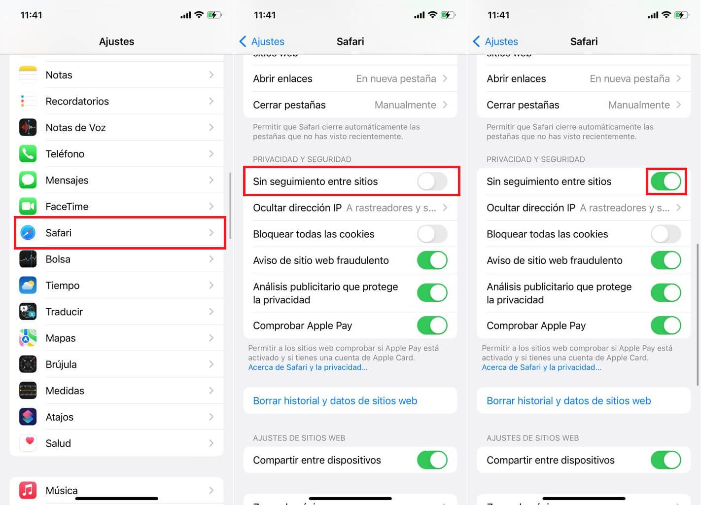 desactivar el seguimiento entre sitios en Safari de iPhone