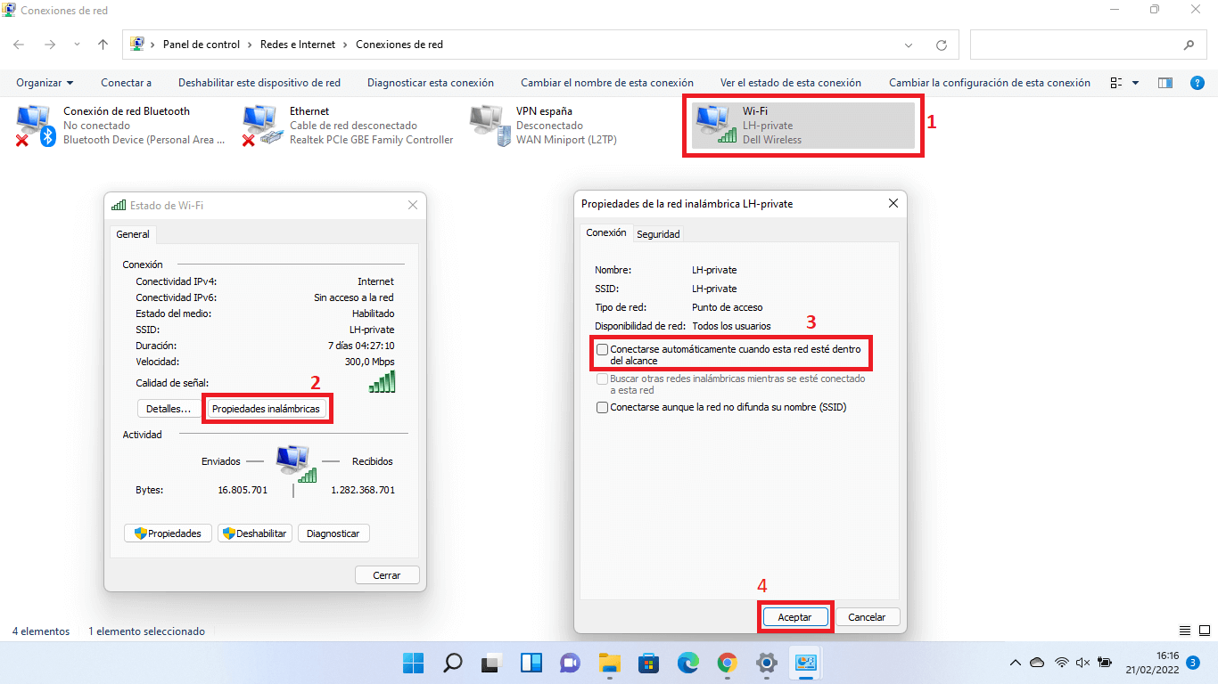 como desactivar la conexión automatica a una red wifi en windows 11