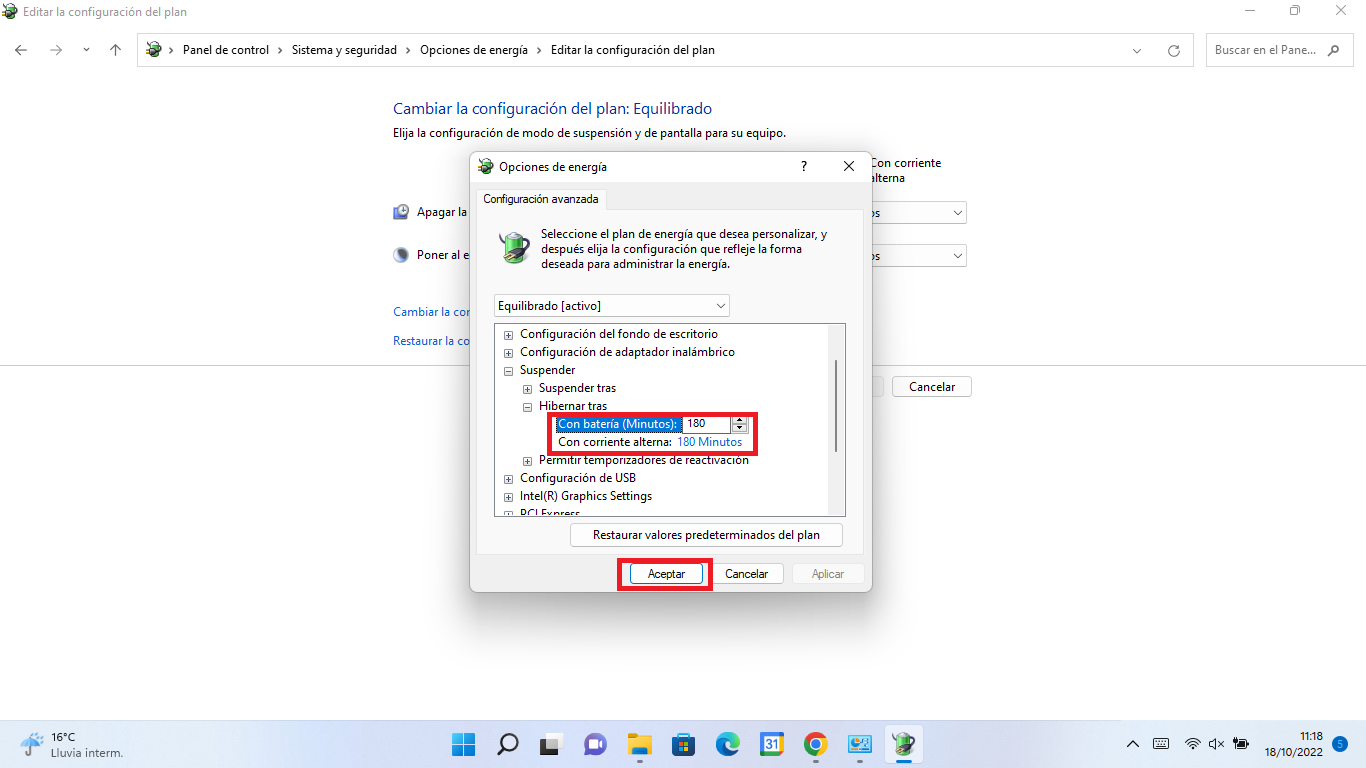 como activar hibernación tras un tiempo especifico en windows 11